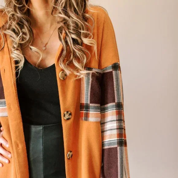 🆕 PLAID COLOR BLOCK DOUBLE POCKET BUTTON UP - Picture 4 of 6